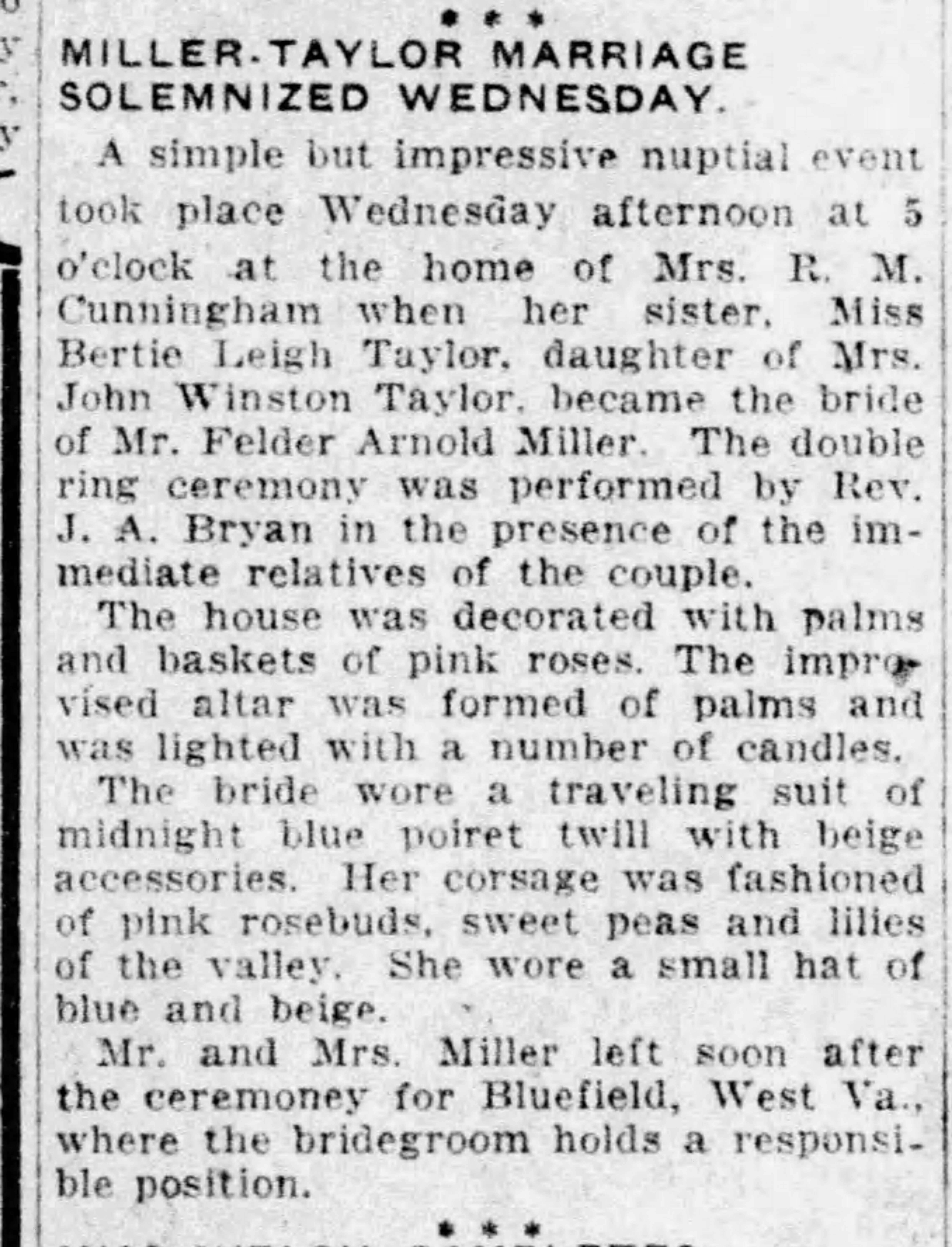 Miller-Taylor Marriage Solemnized Wednesday